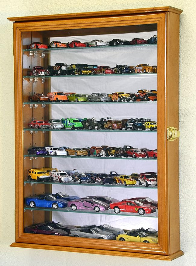 7 Adjustable Shelves Mirrored Hot Wheels/Matchbox/Diecast Cars / 1/64 1/43 Model Display Case Cabinet, Oak