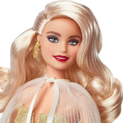 Barbie Signature 2023 Holiday Doll, Blonde Hair Wearing Golden Gown, Collectible with Doll Stand & Certificate of Authenticity
