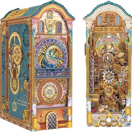 Tonecheer DIY Book Nook Kit for Adults, 3D Wooden Puzzle Bookend Miniature House Kit, Booknook Bookshelf Insert Decor with Dust Cover and LED Lights Gifts (Clock Tower)