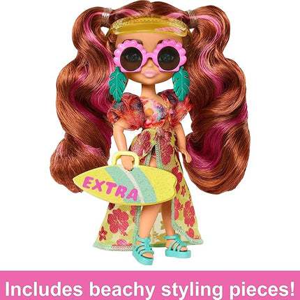 Barbie Extra Fly Minis Travel Doll, Beach Look with Pink-Streaked Pigtails in Swimsuit, Sarong & Accessories