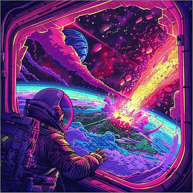 Wooden Jigsaw Puzzle for Adults - Challenging 300 Piece Puzzle with Cool Shapes - Space Astronaut Meteor Puzzle Art - Paranormal Collection (Cosmic Collision)