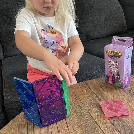 CreateOn Crayola Magnetic Tiles, Building Set for Kids, Magnetic Toys for Kids, Travel Toys, Classroom Sensory Toy Blocks, STEM & Montessori Tools for Boys & Girls Ages 3+, 14-Piece Set (Glitter)