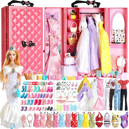 UCanaan 180 Pcs Doll Clothes and Accessories (with Dolls), Princess Gowns, Dresses, Tops, Pants, Jumpsuits, Swimsuits, Shoes, Hangers, etc. Girls Doll Dress Up Toys, Kids Toddler Toys Gifts