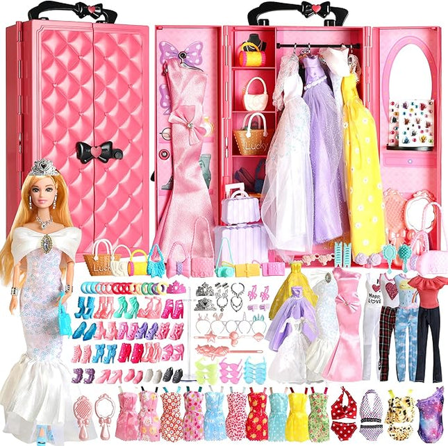 UCanaan 180 Pcs Doll Clothes and Accessories (with Dolls), Princess Gowns, Dresses, Tops, Pants, Jumpsuits, Swimsuits, Shoes, Hangers, etc. Girls Doll Dress Up Toys, Kids Toddler Toys Gifts