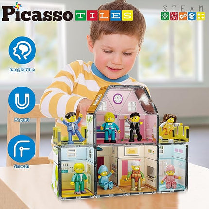 PicassoTiles Magnet Tile Building Block Family Homestead Doll House Theme Playset 8 Character Action Figures Double Sided Magnetic Tiles Printing STEM Education Learning Kit Toy Set Kids Ages 3+ PTQ06