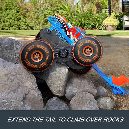 Hot Wheels Monster Trucks Remote Control Toy Vehicle, Large-Scale RC Tiger Shark Climber with 3 Modes of Play for Racing, Climbing & Stunting
