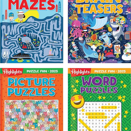 Highlights for Children Puzzle Fun 2025 Books for Kids Ages 6 and Up, 4-Book Set of Brain Teasers, Mazes, Word Puzzles and More Travel-Friendly Screen Free Kids Puzzles