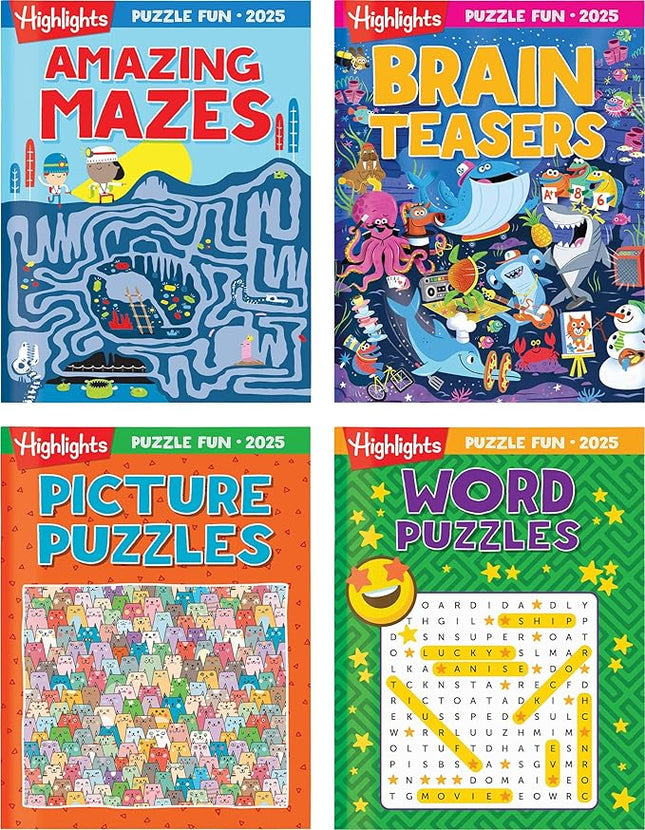 Highlights for Children Puzzle Fun 2025 Books for Kids Ages 6 and Up, 4-Book Set of Brain Teasers, Mazes, Word Puzzles and More Travel-Friendly Screen Free Kids Puzzles