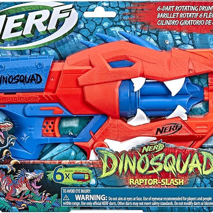 Nerf DinoSquad Raptor-Slash Dart Blaster, 6-Dart Rotating Drum, Slam Fire Action, 6 Official Elite Darts, Velociraptor Dinosaur Design