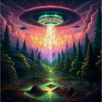 Wooden Jigsaw Puzzle for Adults - Challenging 300 Piece Puzzle with Cool Shapes - UFO Alien Landscape Puzzle Art - Paranormal Collection (Earthly Encounter)