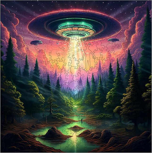 Wooden Jigsaw Puzzle for Adults - Challenging 300 Piece Puzzle with Cool Shapes - UFO Alien Landscape Puzzle Art - Paranormal Collection (Earthly Encounter)