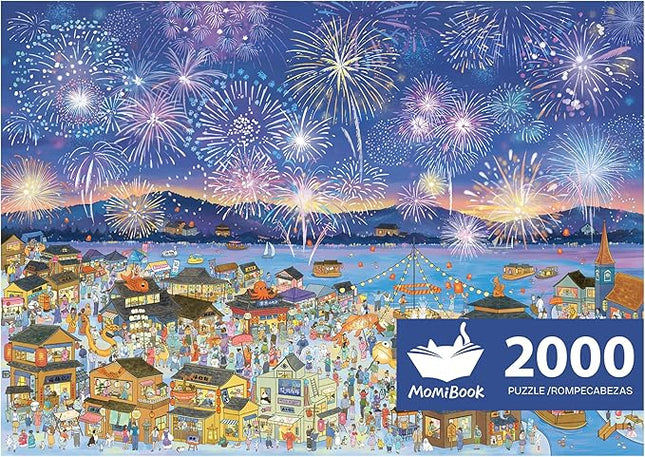 MOMIBOOK Puzzles for Adults 2000 Pieces Jigsaw Puzzles of Fireworks Night Tour, Colorful Powder Painting Image Chinese Twon Challenging Hard Impossible Puzzle Unique Party Christmas Birthday Gifts