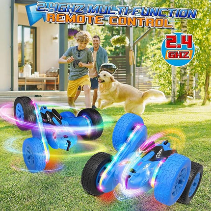Remote Control Car,RC Cars with Sides Light Strip and Headlights,Double Sided 360 Flips Rotating RC Stunt Car,2.4Ghz All Terrain Toys for Ages 4-8 Kids Toy for Boys Birthday Gift(Blue)
