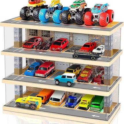 Storage Display Garage Compatible with Hot Wheels - Toy Car Garage with Lights, Freestanding Display Case, Parking Garage Diorama for 1/64 Scale Diecast Cars with 4 Levels 24 Spots Maximum 40 Cars