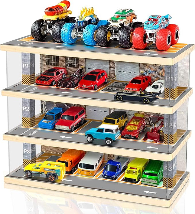 Storage Display Garage Compatible with Hot Wheels - Toy Car Garage with Lights, Freestanding Display Case, Parking Garage Diorama for 1/64 Scale Diecast Cars with 4 Levels 24 Spots Maximum 40 Cars