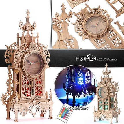 3D Wood Puzzle LED Tower Clock, 3D Puzzle Building Desktop Clock Model DIY Architectural Building Blocks (LED-TC01 Wood)