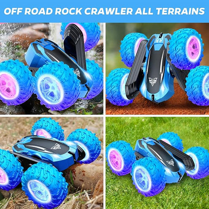 KKONES Remote Control Car, 2.4GHz Double Sided 360° Flips Rotating Electric Race RC Stunt Car, LED Wheel & Headlight High Speed Off Road Cars Toy Gift for 3 4 5 6 7 8-12 Year Old Boy Toys (Blue)