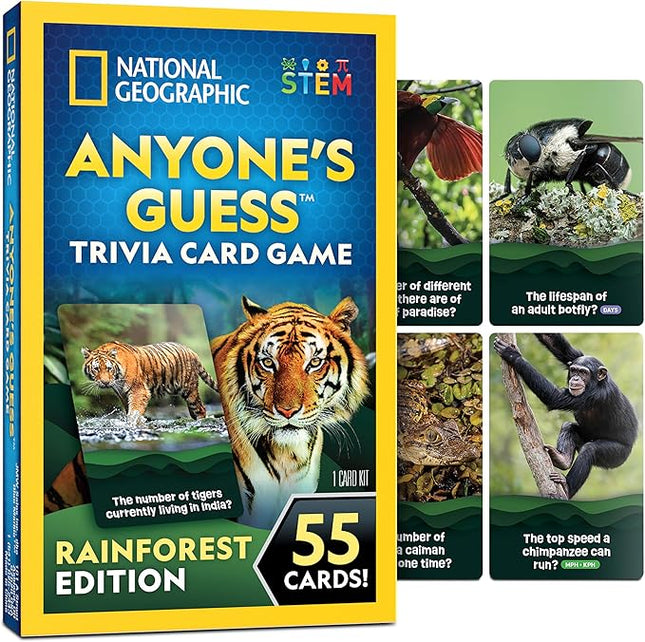 National Geographic Anyone's Guess Rainforest Animals Trivia Cards - Kids Trivia Card Game with 55 Jumbo Cards, Animal Games, Trivia Game