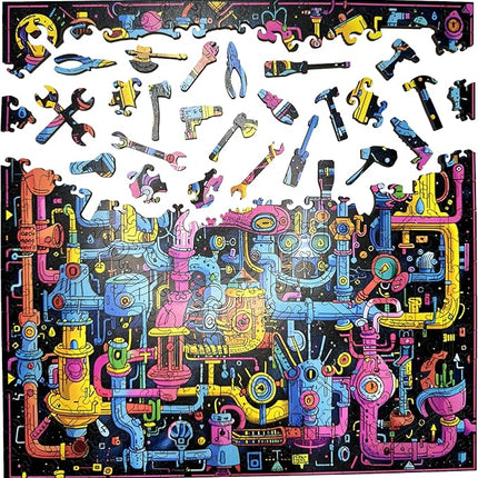 Wooden Jigsaw Puzzle for Adults - Challenging 300 Piece Puzzle with Cool Shapes - Mind Bending Brain Teaser Collection (Sci-Fi Sewer)