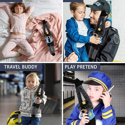 DolliBu Black Bear with Long Arms Police Officer Plush Toy - Soft Black Bear Cop Stuffed Animal Dress Up with Cute Cop Uniform and Cap Outfit - Gift with Personalization - 21 Inches