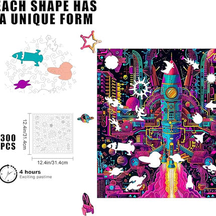 Wooden Jigsaw Puzzle for Adults - Challenging 300 Piece Puzzle with Cool Shapes - Spaceship Rocket Puzzle - Mind Bending Brain Teaser Collection (Galactic Gear)