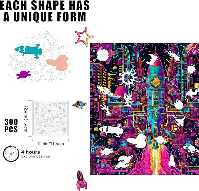 Wooden Jigsaw Puzzle for Adults - Challenging 300 Piece Puzzle with Cool Shapes - Spaceship Rocket Puzzle - Mind Bending Brain Teaser Collection (Galactic Gear)