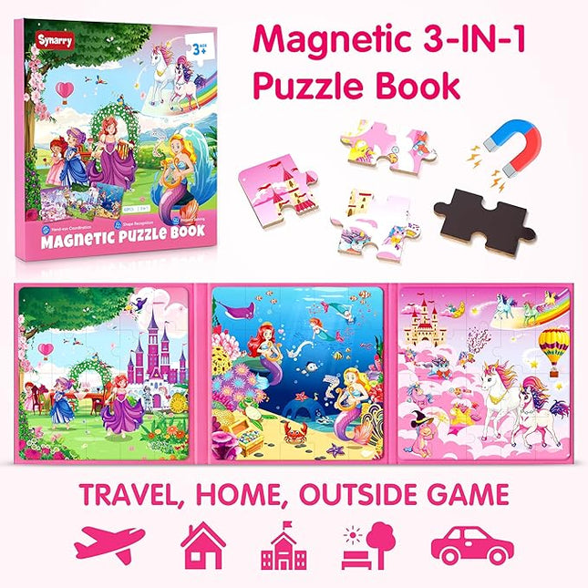 SYNARRY Unicorn Mermaid Princess Magnetic Puzzles for Toddlers 3-5 Girls, 20 Pieces Travel Puzzles for Kids Ages 4-6, Car Airplane Road Trip Activities Toys for 3 4 5 6 Year Old Girls Birthday Gifts