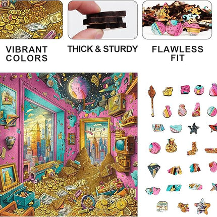 Wooden Jigsaw Puzzle for Adults - Challenging 300 Piece Puzzle with Cool Shapes - Mind Bending Brain Teaser Collection (Treasure Trove)