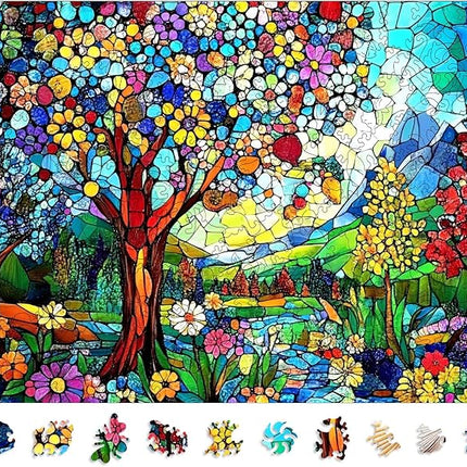Wooden Puzzles for Adults 500 Pieces, Stained Glass Tree of Life Jigsaw Puzzles, Adults Puzzles, Birthday Gifts for Puzzle Lover, Family Brain Game 14.2x18.9 inch