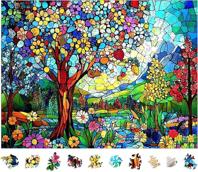 Wooden Puzzles for Adults 500 Pieces, Stained Glass Tree of Life Jigsaw Puzzles, Adults Puzzles, Birthday Gifts for Puzzle Lover, Family Brain Game 14.2x18.9 inch