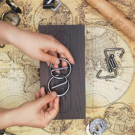 8-Piece 3D Metal Puzzle Box IQ Test Kit with Wooden Case, Brain Challenge for Adults Teens, Gift for Christmas, Valentine's Day, Birthday, Anniversary & Family Party Game