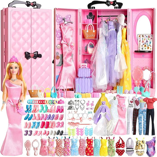 UCanaan 180 Pcs Doll Clothes and Accessories Set, Princess Gowns, Dresses, Tops, Pants, Shoes, Hangers, Fashion Doll Wardrobe, Ages 3+