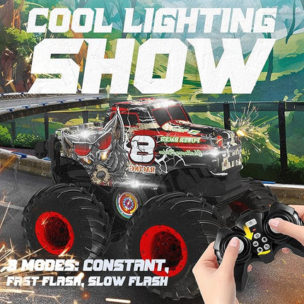 BEZGAR Monster Truck Toys - Remote Control Monster Truck with Light & Music, Dinosaur Truck for Kids, 1:20 Scale RC Truck with 360° Spins and Drifting, Remote Control Car for Boys 4-7 Red