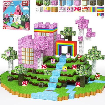 Magnetic Blocks for Girls - 100 PCS Magnet Block Stacking Sensory STEM Outdoor Cubes Game for 3+ Years Old Boys&Girls Children Birthday Easter Gift, 3D Tiles Construction Weekends Toy Set, 0.8in