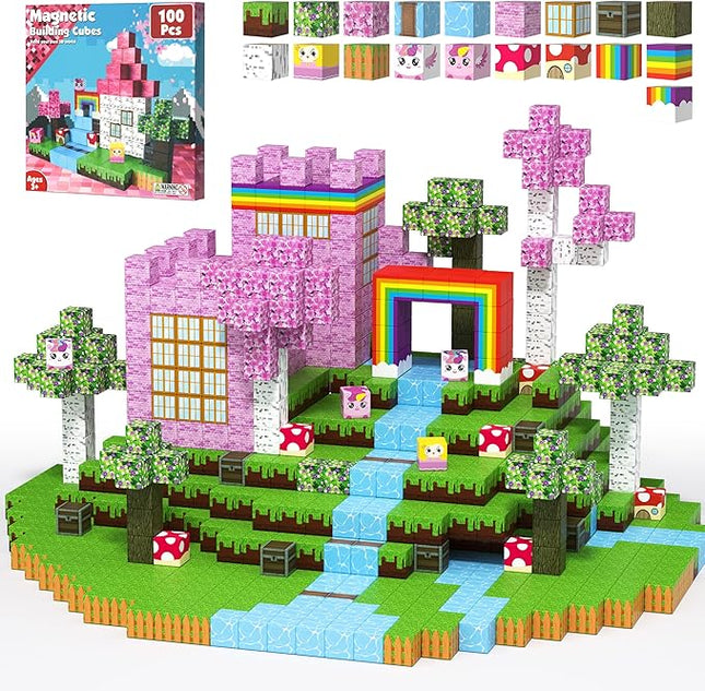 Magnetic Blocks for Girls - 100 PCS Magnet Block Stacking Sensory STEM Outdoor Cubes Game for 3+ Years Old Boys&Girls Children Birthday Easter Gift, 3D Tiles Construction Weekends Toy Set, 0.8in
