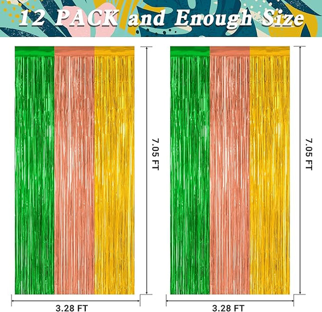 12 Pack Hawaiian Party Decorations, 3.28 FT x 7.05 FT Luau Party Decorations, Green Brown Yellow Luau Backdrop Fringe Curtains Foil Streamer, Metallic Summer Decor Luau Party Supplies