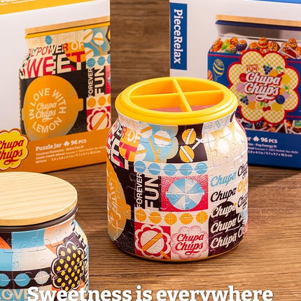 Chupa Chups X PieceRelax 3D Puzzle Jar 96 Plastic Pieces for Adults - Timeless Memories - Retro Fun M Use Includes Divider as Pen and Utensils Holder with Wooden Lid for Kitchen Dining Study [BB1044]