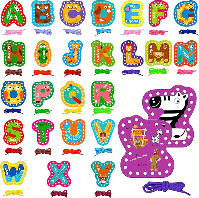 SpriteGru 26PCS Kids Lacing Cards, 26 Double Sided Uppercase Sewing Cards with 26 Colorful Laces, Imagination Development Lacing Toys Games for Children Educational and Learning Activity