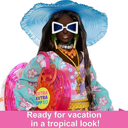 Barbie Extra Fly Doll with Beach-Themed Travel Clothes & Accessories, Tropical Coverup with Oversized Hat & Bag