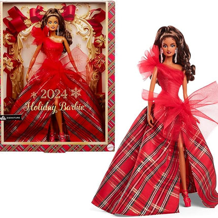 Barbie Signature 2024 Holiday Doll with Light Brown Hair in Plaid Gown, Collectible Toy in Displayable Packaging