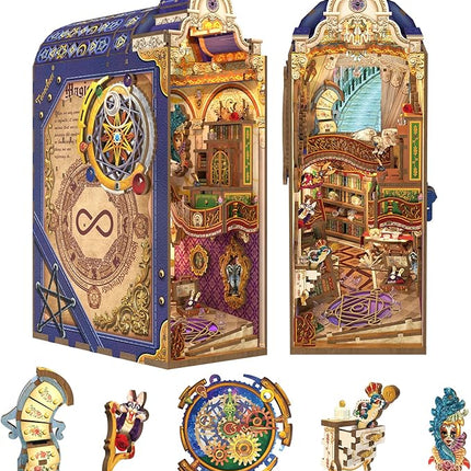 Tonecheer DIY Book Nook Kit for Adults, 3D Wooden Puzzle Bookend Miniature House Kit, Booknook Bookshelf Insert Decor with Dust Cover and LED Lights Gifts (Magical Library)