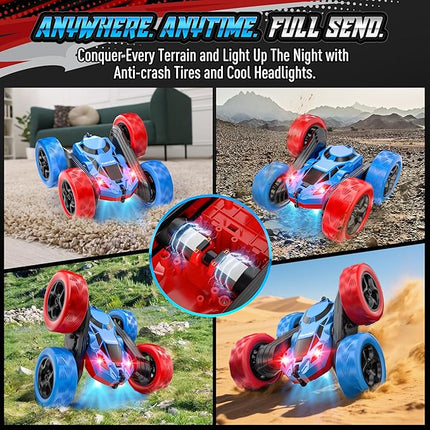 Remote Control Stunt Car for Boys, Upgraded 4WD 360° Rotating Racer with Lights, USB-C Rechargeable RC Toy Car 2.4GHz High-Speed for Kids Ages 6+ (Red-Blue)
