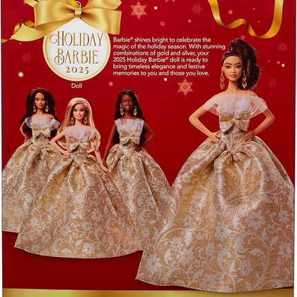 Barbie Signature 2025 Holiday Light Brown Hair Fashion Doll Wearing Silver & Gold Gown, Seasonal Collector in Displayable Packaging & Stand