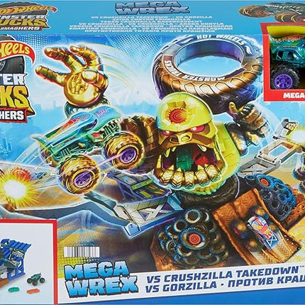 Hot Wheels Monster Trucks Arena Smashers Mega-Wrex vs. Crushzilla Takedown Playset with 1:64 Scale Mega-Wrex Toy Truck & 6 Crushable Cars