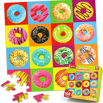 SYNARRY 100 Piece Wooden Puzzles for Kids Ages 4-8, Donuts Jigsaw Puzzle for Kids Ages 4-6 8-10 Teens, Educational Puzzles for 4 5 6 7 8 9 Years Old, Easter Basket Stuffers Valentines Day Gift for Kid