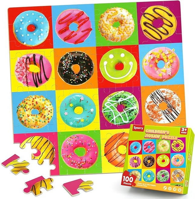 SYNARRY 100 Piece Wooden Puzzles for Kids Ages 4-8, Donuts Jigsaw Puzzle for Kids Ages 4-6 8-10 Teens, Educational Puzzles for 4 5 6 7 8 9 Years Old, Easter Basket Stuffers Valentines Day Gift for Kid