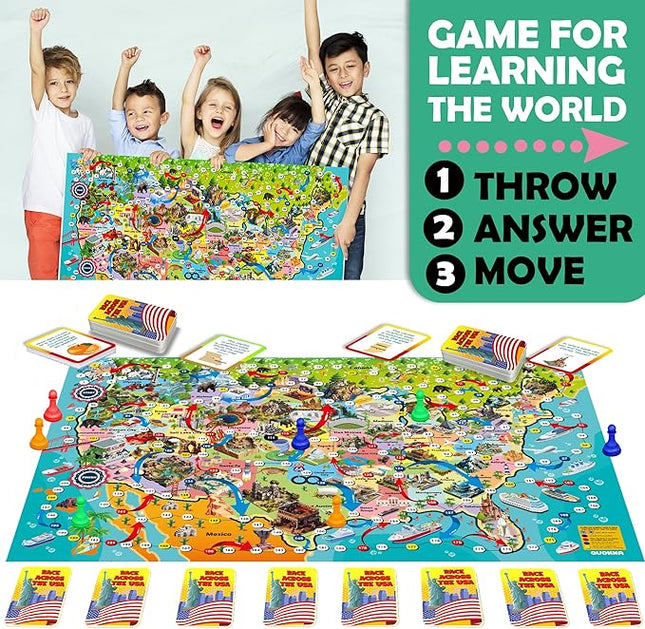 QUOKKA Board Game 1 to 10 Players - Learning, Educational - Geography, United States - 120 Question Cards, Top Facts - Indoor, Outdoor - Kids, Teens, Adults, Family