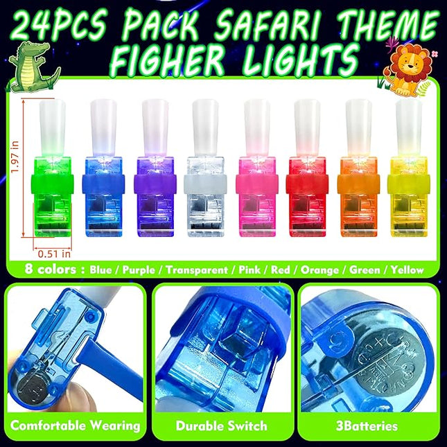 24PCS Jungle Safari Party Favors-LED Finger Lights：Glow-in-the-Dark Light-Up Toys Bulk for Kids,Animal Theme Birthday Party Decorations Supplies, Party Goodie Bags, Classroom Prizes, Fun Gifts