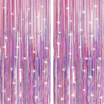 2 Pack Laser Pink Foil Fringe Curtains Streamers Party Decorations 3.3 x 8.2 ft, Tinsel Curtain Fringe Backdrop for Parties, Door Fringe Birthday Streamers, Barbie Backdrop Birthday Party Decorations