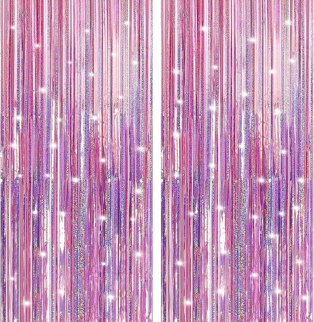 2 Pack Laser Pink Foil Fringe Curtains Streamers Party Decorations 3.3 x 8.2 ft, Tinsel Curtain Fringe Backdrop for Parties, Door Fringe Birthday Streamers, Barbie Backdrop Birthday Party Decorations
